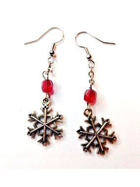 silver snowflake earrings Red crystal cut bead drop dangle